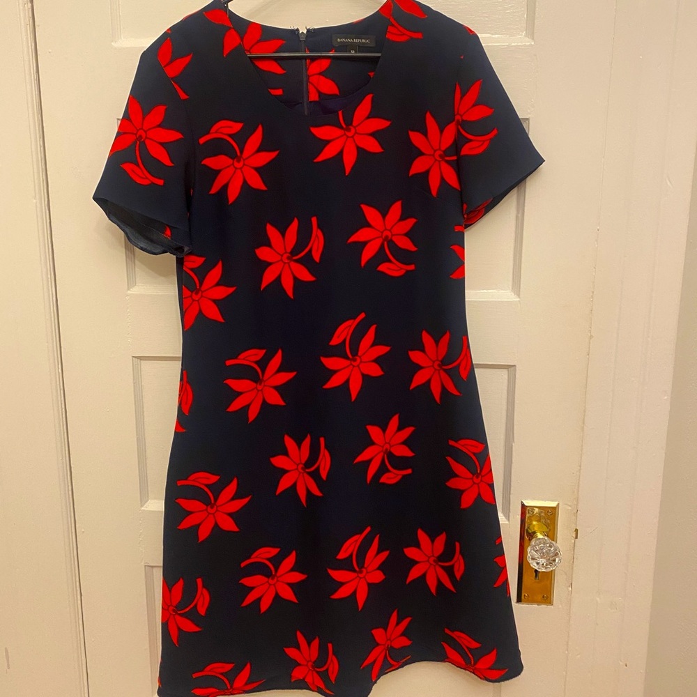 Banana Republic Blue Dress with Red Flowers